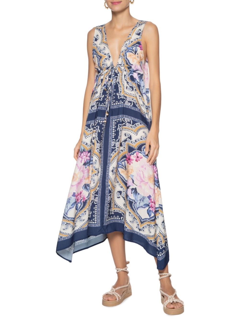 Farm Rio Scarf Print Midi Dress Blue Floral V-Neck Tie Front Size Small EUC